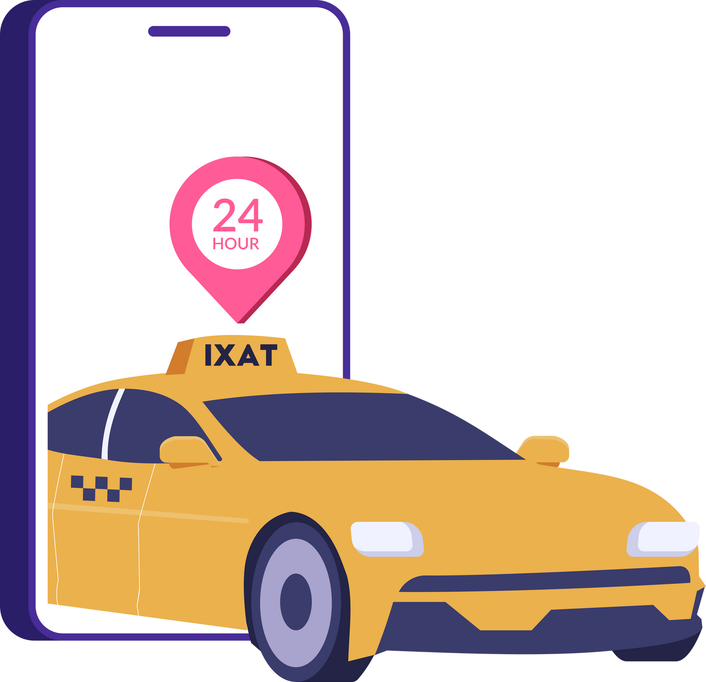 Mobile phone with taxi app and yellow taxi.
