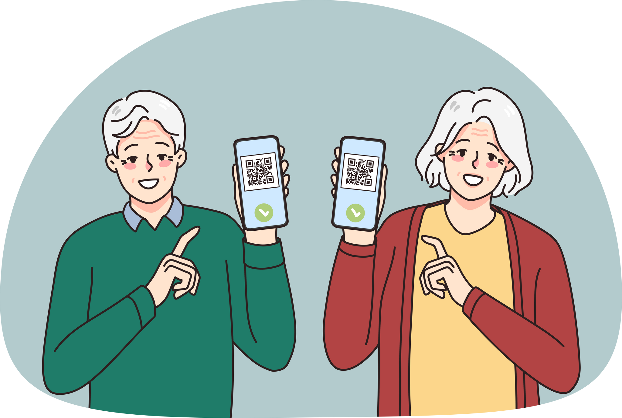 Smiling Elderly Man and Woman Show Vaccination Certificate on Phone