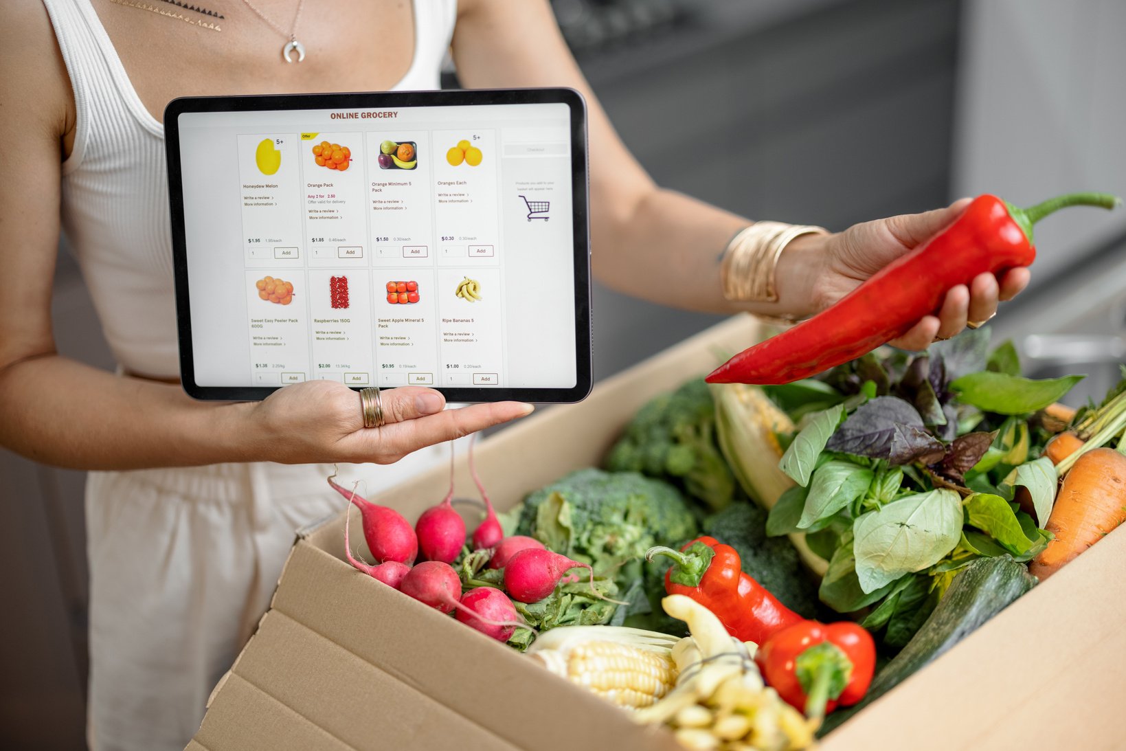 Woman Buying Fresh Vegetables Online